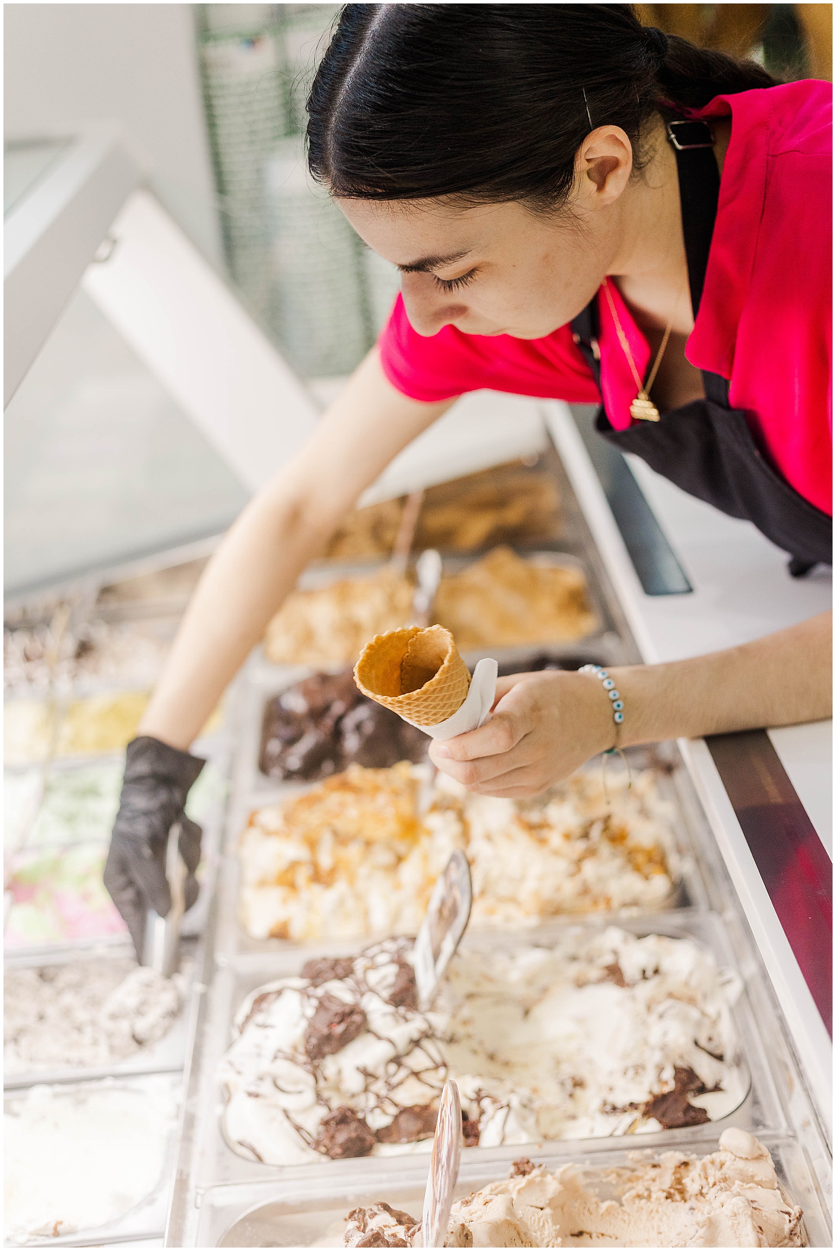 scooping gelato in greece photoshoot