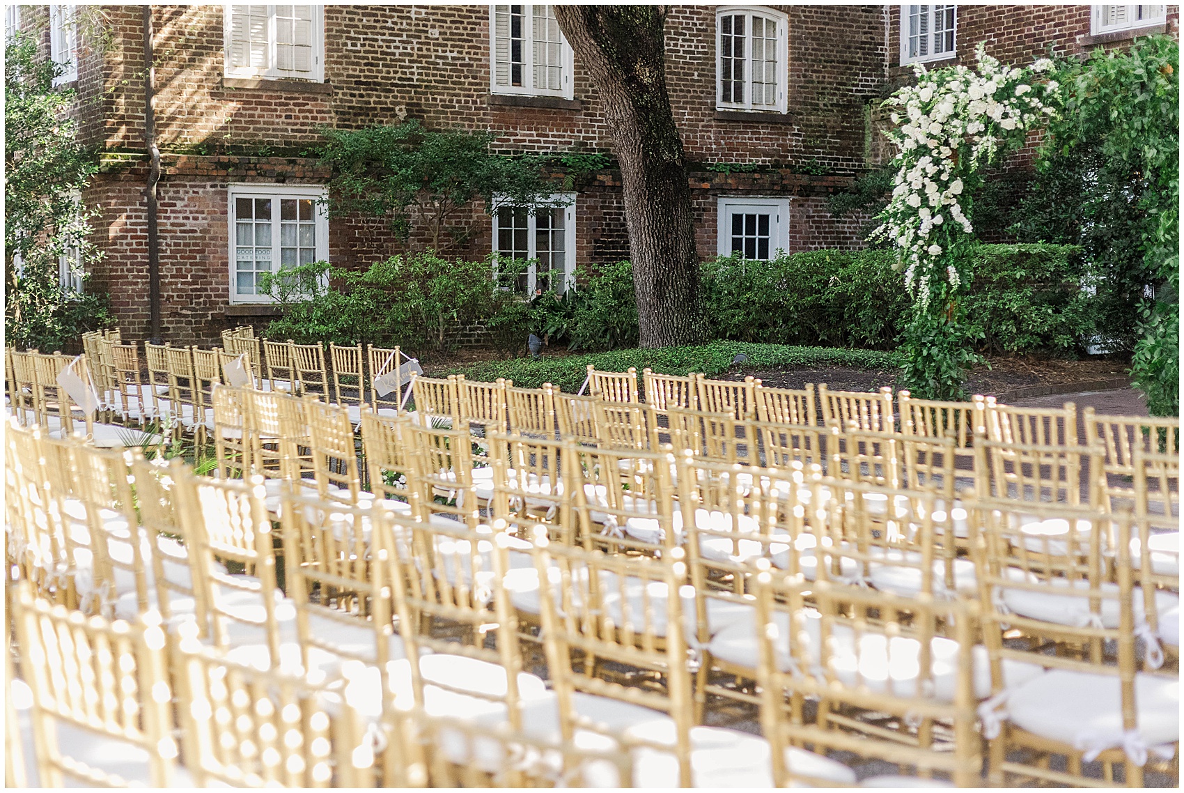 chairs at the ceremony area of Historic Rice mill wedding venue